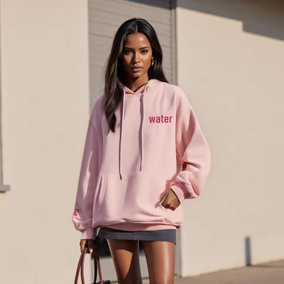 Women's Loose Hoodie with Letter Print and Kangaroo Pocket