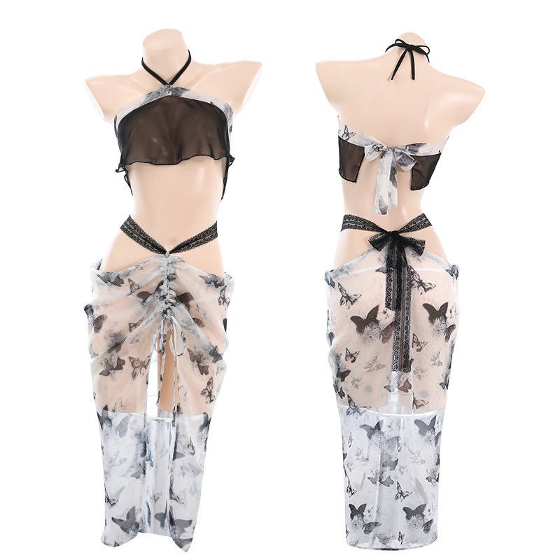 Feimu Chinese Ink Butterfly Print Nightdress & Lingerie Set - Sexy, Sheer, Alluring (Style 6712)