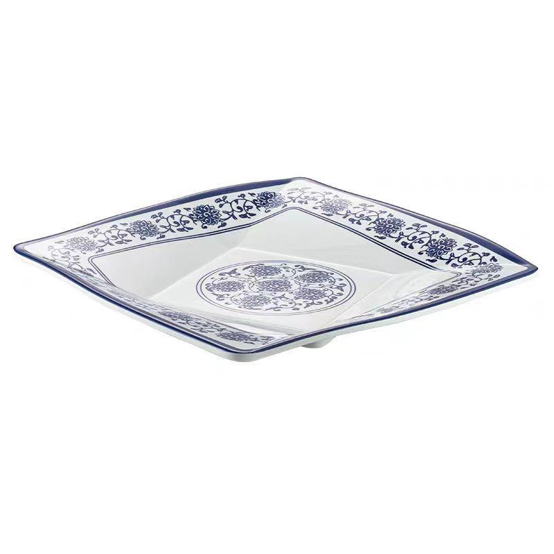 Melamine Blue & White Porcelain Square Plate for Hotels & Restaurants - Stir-Fry, Fast Food, Cold Dishes, Rice Bowl, Commercial Use.