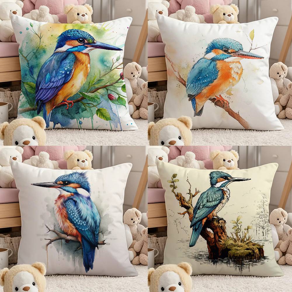 Kingfisher Watercolor Painting Pillow Case Comfort Sofa Bed Silky Elegant Invisible Zipper Custom Decorative Cushion Cover
