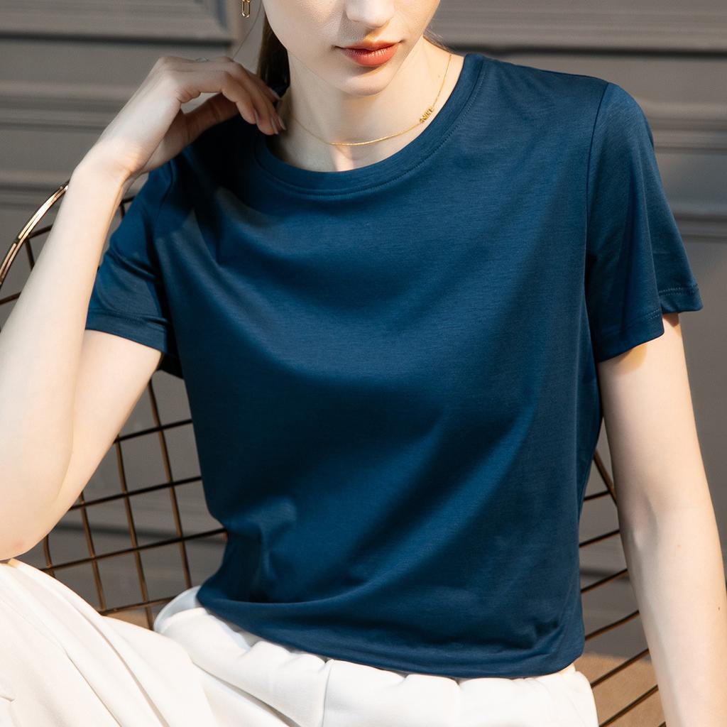 Dámské luxusní tričko s krátkým rukávem a kulatým výstřihem, jednobarevné, s polovičními rukávy a spodním dílem