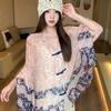 Small fresh green floral silk scarf women's summer travel buckle sunscreen large shawl beach towel thin yarn scarf scarf
