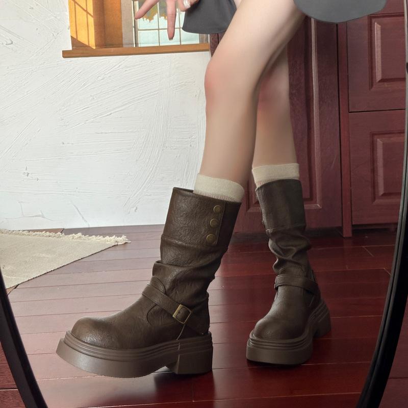 Western cowboy wasteland wind long high boots children's new thick-soled piling boots in autumn and winter two wear knight boots