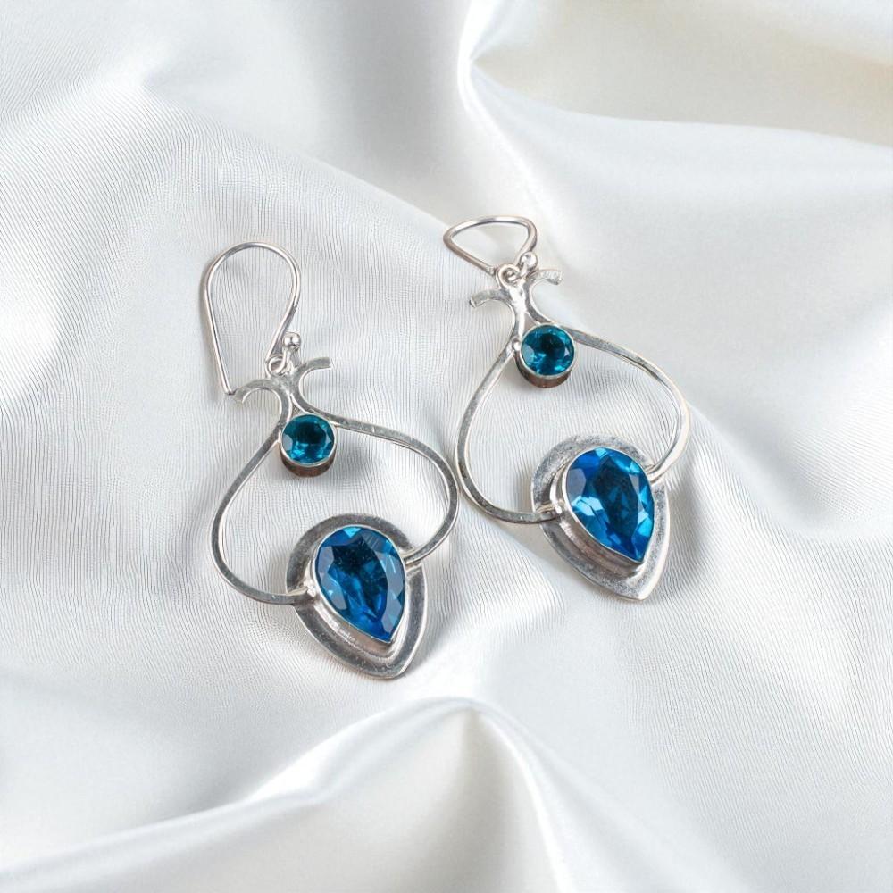 Swiss Blue Topaz Gemstone 925 Sterling Silver Jewelry Handcrafted Earrings 2.2" EE-80-11