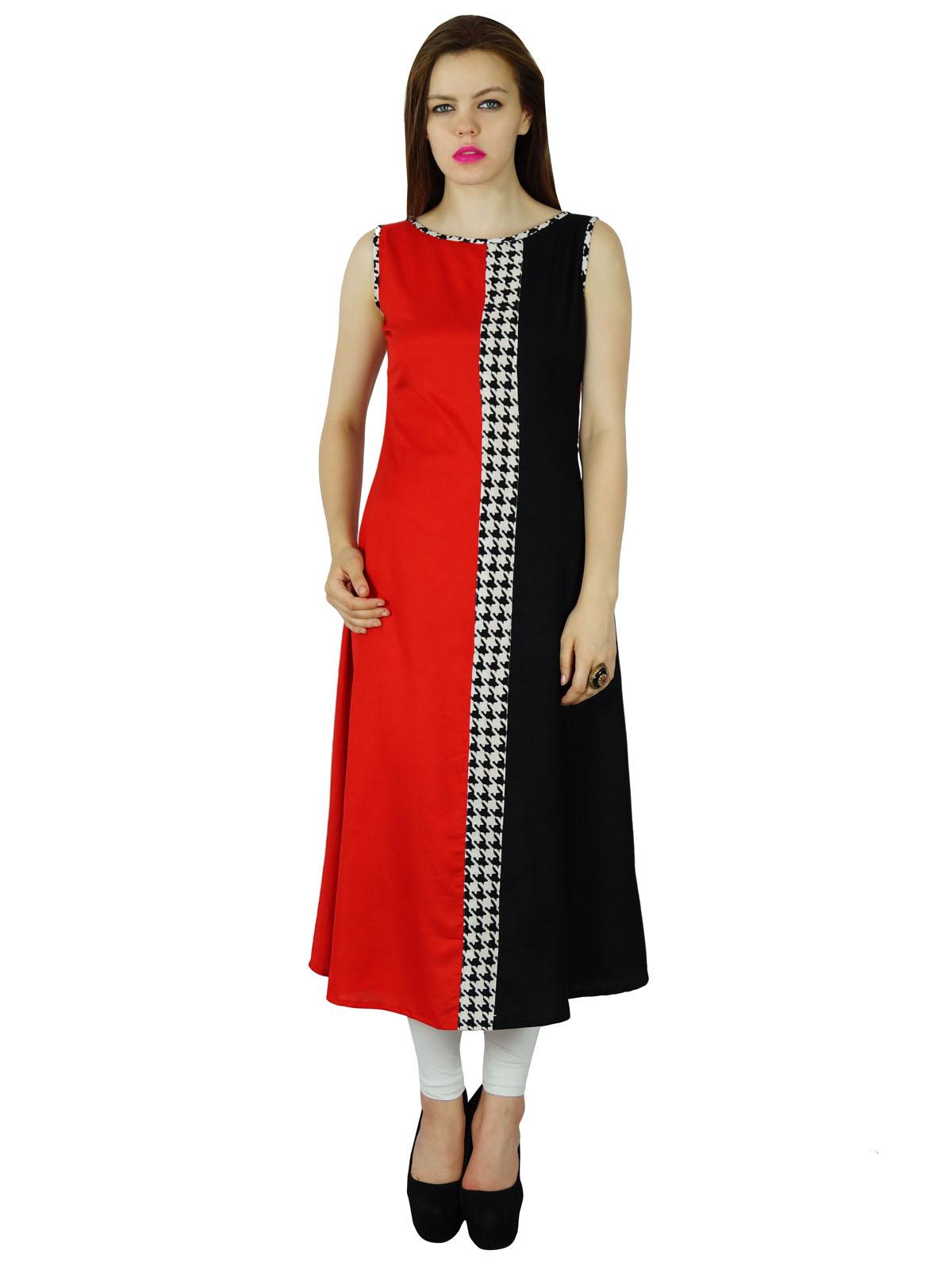 

Bimba Women Black & Red Rayon Kurta Long Kurti Indian Blouse Sleeveless 8 чорний