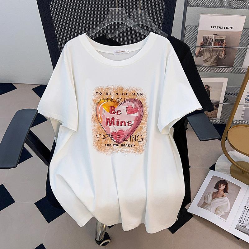 

Plus Size Slimming Mid-Length Loose T-Shirt for Women - Round Neck, Short Sleeve, Covers Belly, Fits 200/300/350 Jin 4XL білий