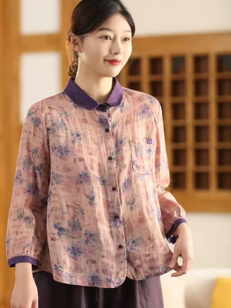 Johnature Camicie da donna stile cinese con stampa floreale, bottoni, top primaverili, colletto rovesciato, maniche lunghe, camicie a bottoni