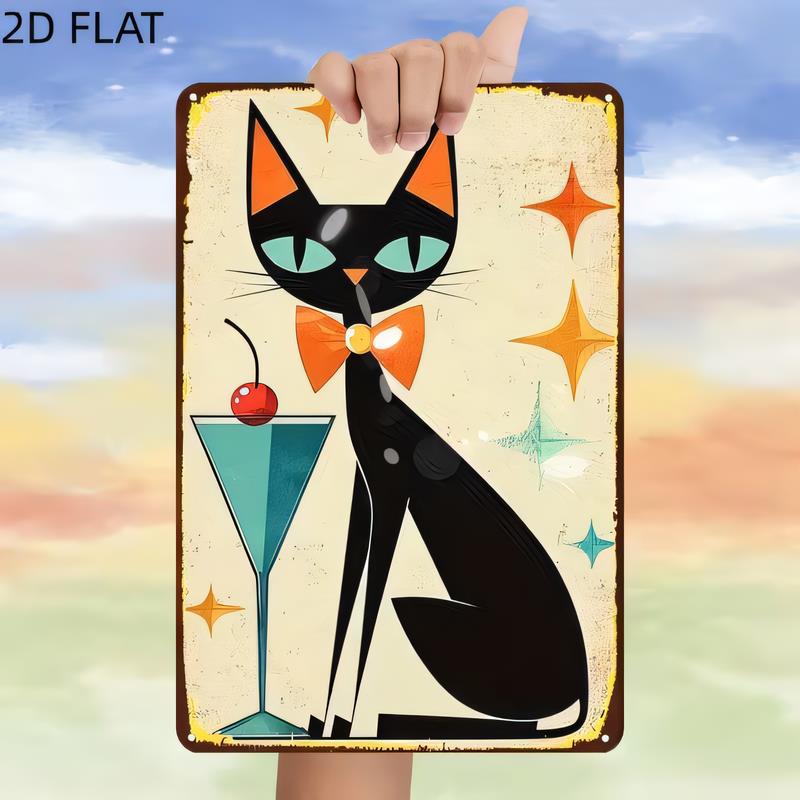 Tin Sign Retro Cat Illustration Martini Glass Halloween Style Metal Wall Art Decor Funny Bar Pub Garage Kitchen Bedroom Poster