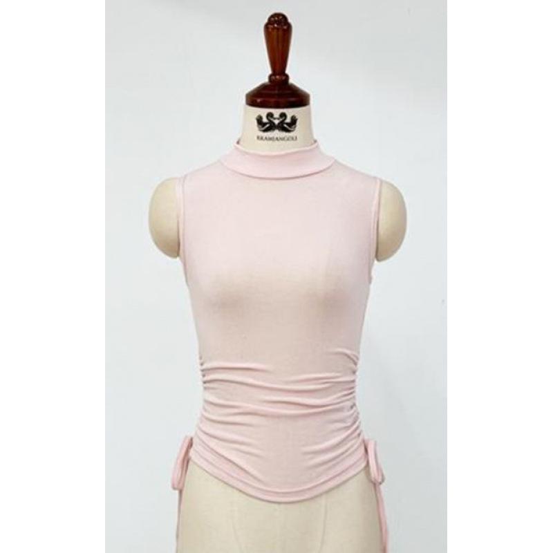 

Women s Sporty Style Sleeveless Tight T-Shirt with Ruffled Base Layer, Half-High Neck, Thin and Slightly See-Through One Size розовый