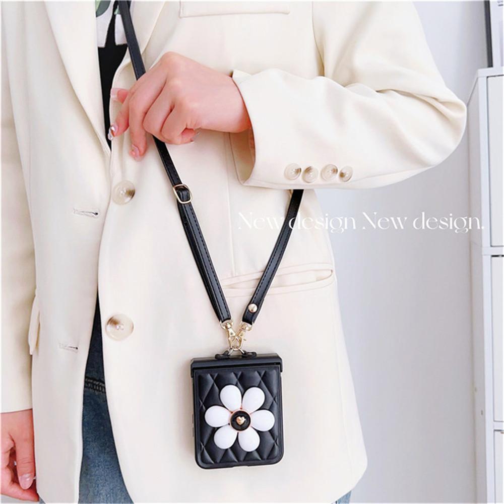 Flower Plaid Crossbody Long Chain Leather Case For Samsung Galaxy Z Flip 4 5 Case For Galaxy Z Flip 3 Cover 5G Flip