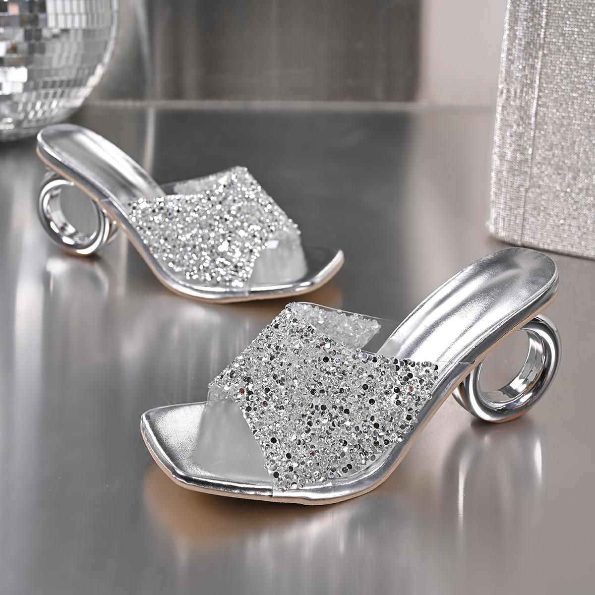 

Модные Элегантные Туфли-шлепанцы на Высоком Каблуке с Острым Носком Женские Летние Модные Прозрачные Сандалии на Кристальном Каблуке Женские Блестящие Туфли с Пайетками для Банкета и Вечеринки 43 серебряный