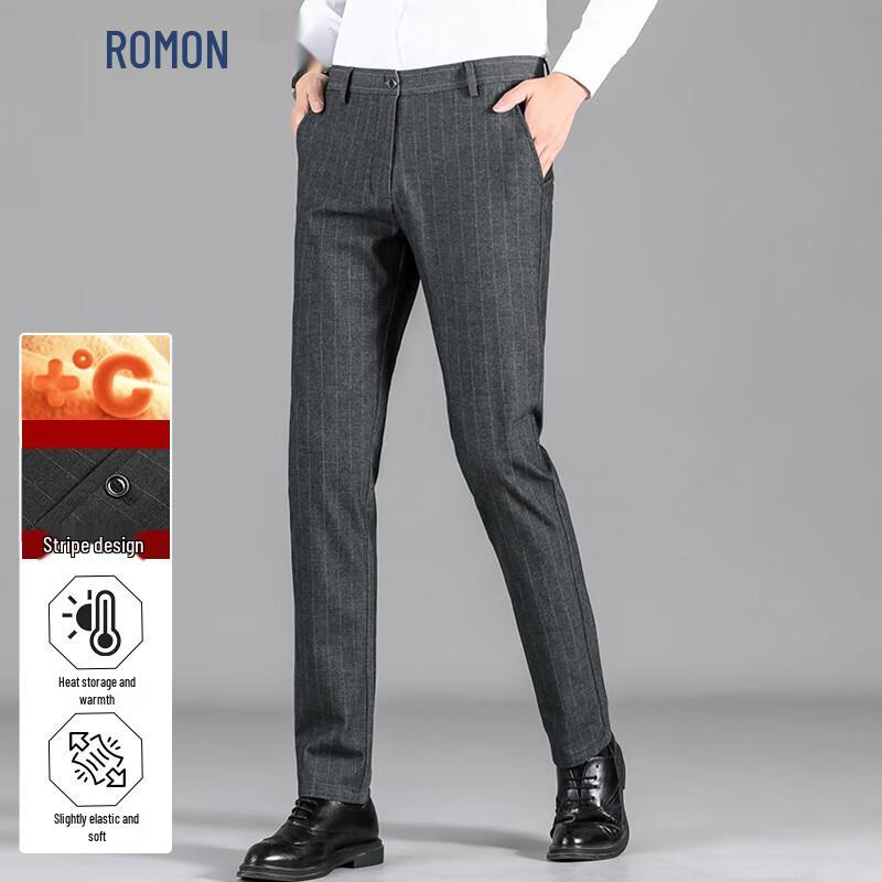 Romon Men s Autumn/Winter Warm Slim-fit Striped Casual Trousers 36