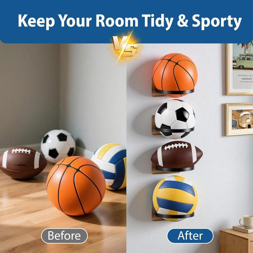 Wooden Base Basketball Holder Space Saving Multi-functional Football Wall Mount Universal Display Rack Home Decor