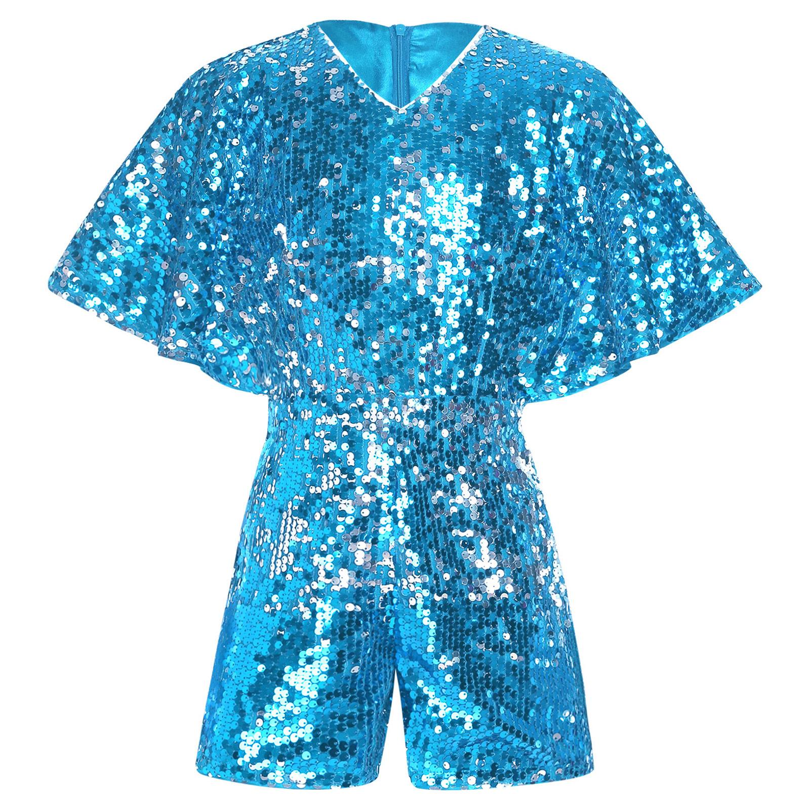 

Дівчачий комбінезон з блискучими паєтками, V-подібним вирізом, коротким рукавом, боді, костюм для сцени на день народження 5-6 Years світло-синій колір