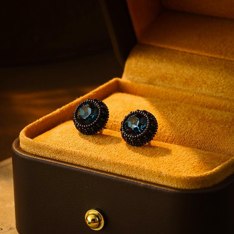 Vintage Elegant Zircon Deep Blue Ear Studs S925 Silver Earrings for Women