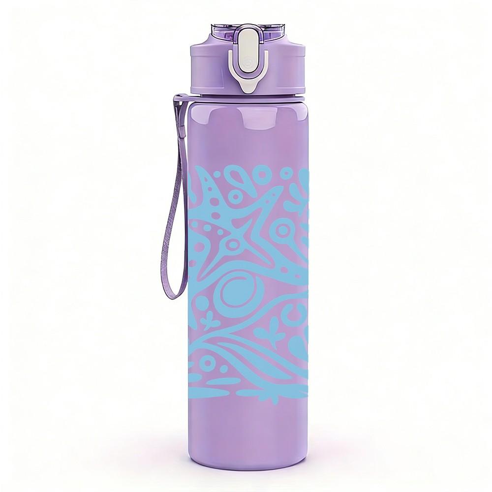 1PC Blue Ethnic Wave Pattern 750ml Color Plastic Sports Water Bottle Leakproof Flip Straw Lid Suitable for Sports Office Home Use