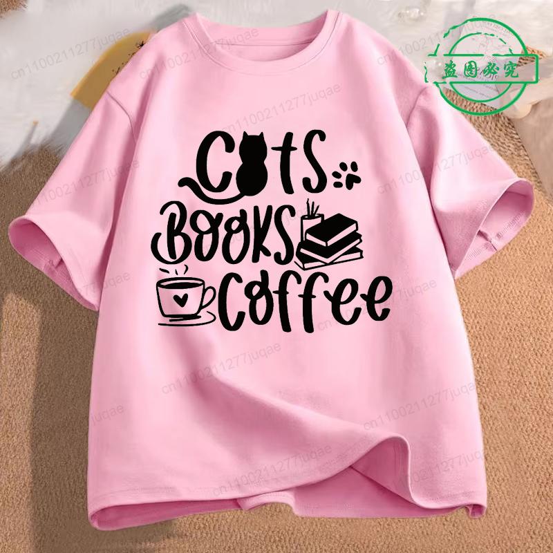 Kočky Knihy a Káva Móda Pánské Tričko Topy Krátký Rukáv Trička Čtení Knih Tričko Milovník Kávy Tričko pro Muže Oblečení