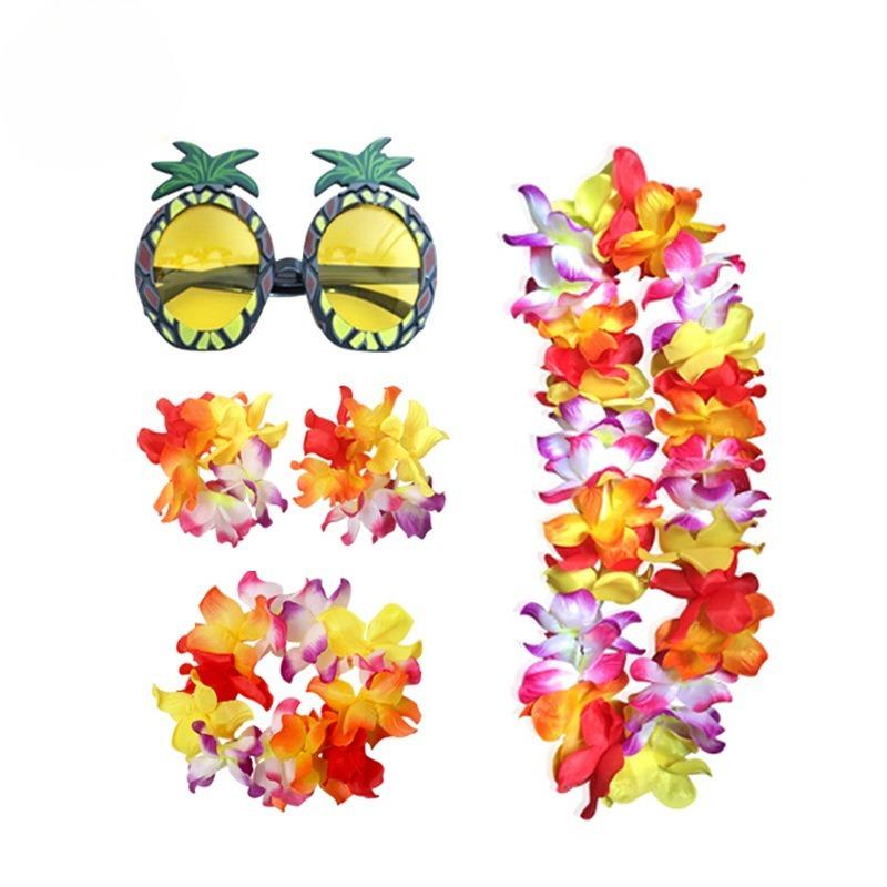 Hawaiian Party Decor Set 4PCS Flower Lei Pineapple Glasses for Tropical Theme