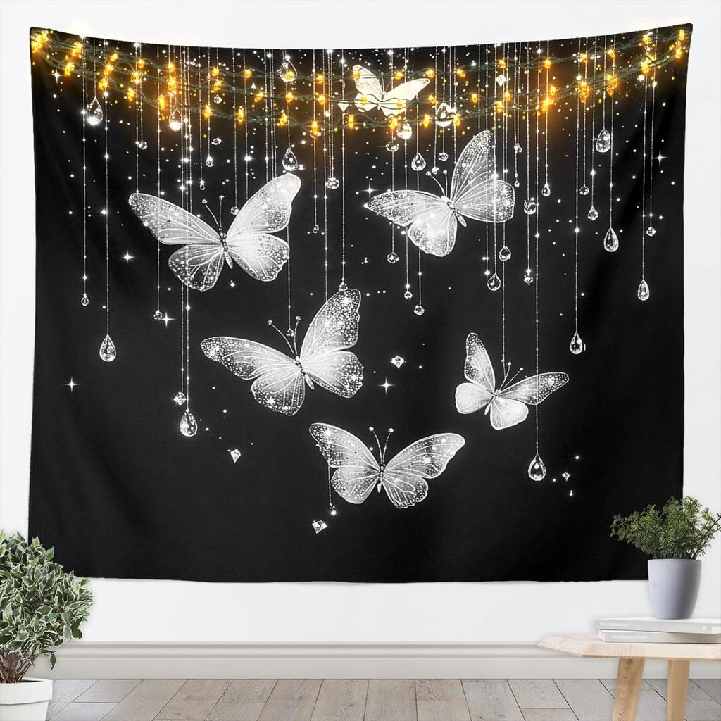 Butterfly Tapestry Glitter Diamonds Print Wall Art Luxury Elegant Blue Wall Hanging Blanket for Living Room Bedroom Home Decor