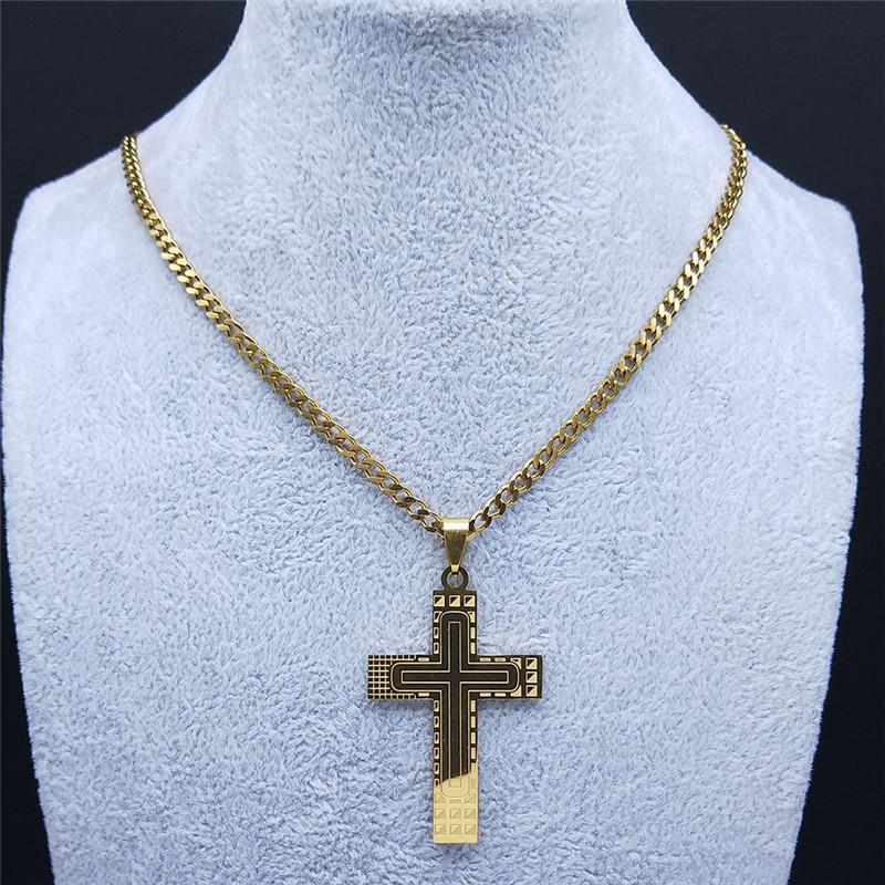 European and American New Stainless Steel Cross Men's Pendant Necklace Geometric Line Gold Men's Chain Necklace Jewelry
