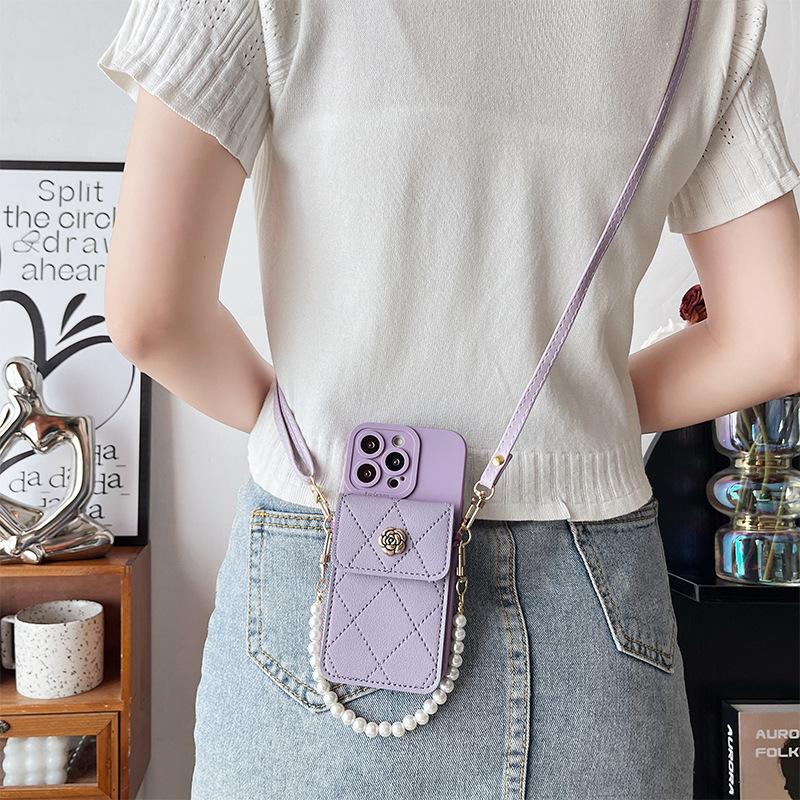 Metal Flower Crossbody Strap Phone Case With Card Slot For Iphone 15 16 17