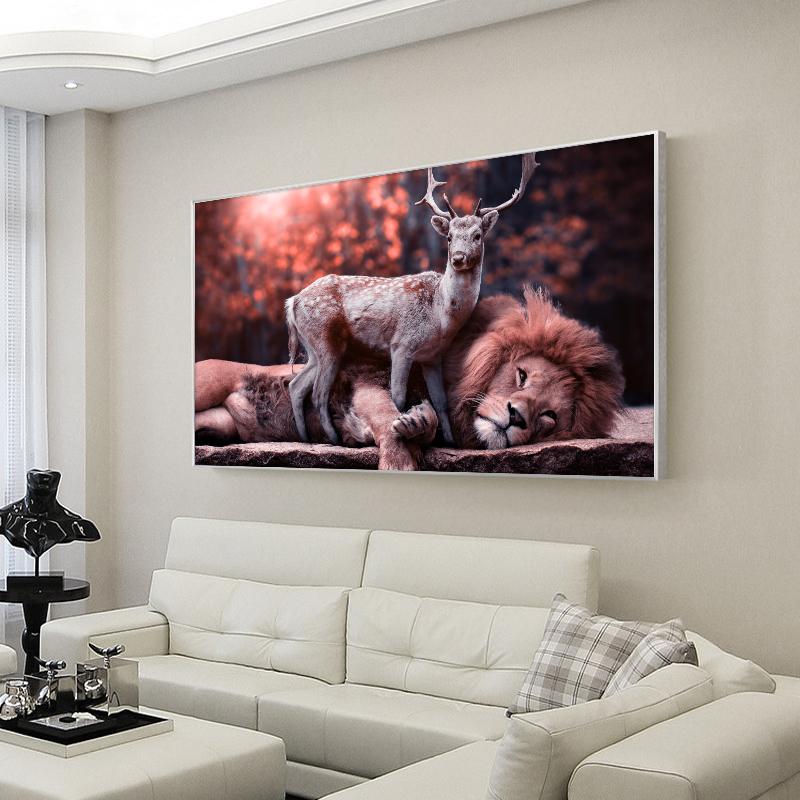 Docile Lion and Deer On the Canvas Painting Modern Animals Posters Prints Wall Art Pictures for Living Room Decoration Cuadros