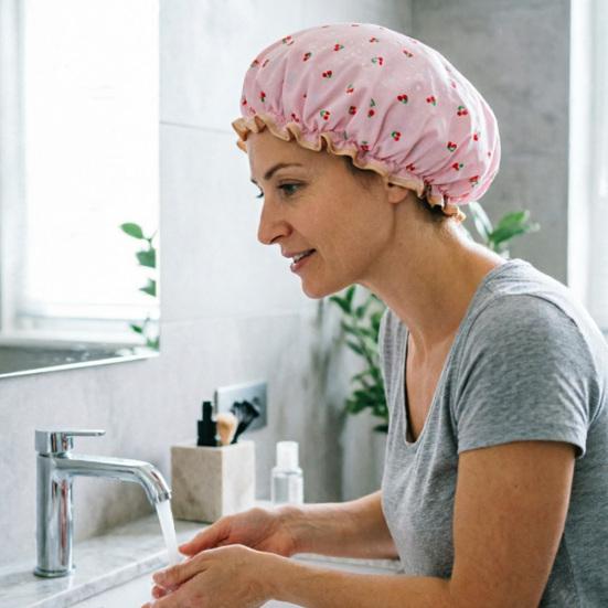 Cuffia da Doccia Impermeabile con Bordi Elastici, Fantasia Ciliegie, Cuffia da Bagno Comoda a Doppio Strato per Capelli Lunghi e Corti