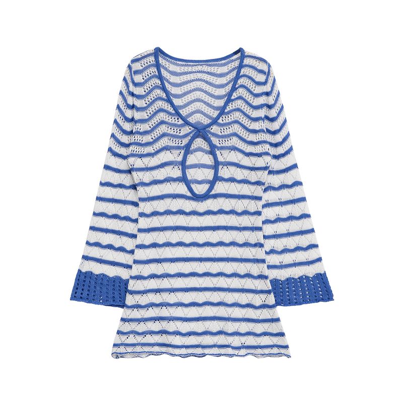 

Kaslead New Women clothes Western Style Fashion Simple Loose Stripe Hollow out Long sleeve dress Blue L