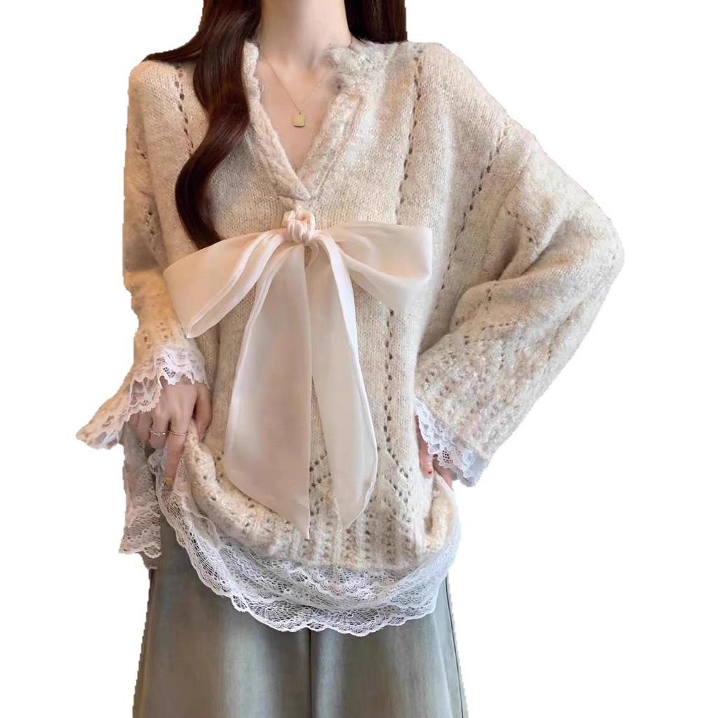 Korean Style Lace-up Bowknot Mesh Knit Sweater - Women's Trendy Autumn/Winter 2025