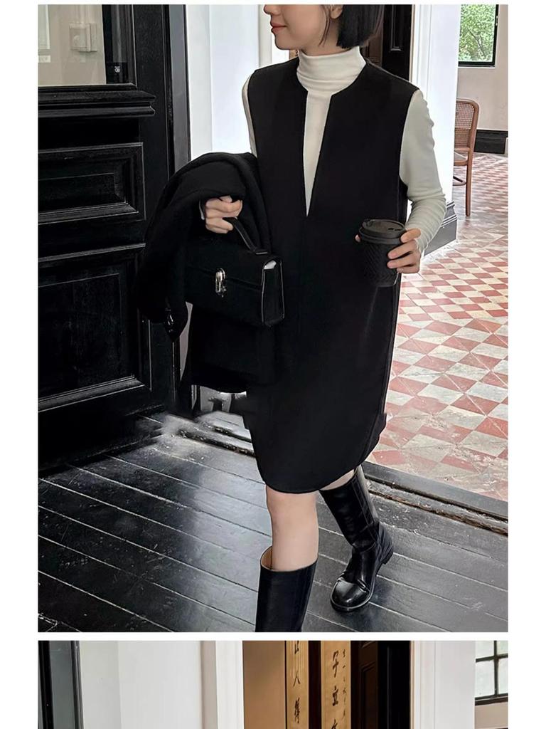 Autumn/Winter V-Neck Wool Vest Dress - Stylish Slimming Design