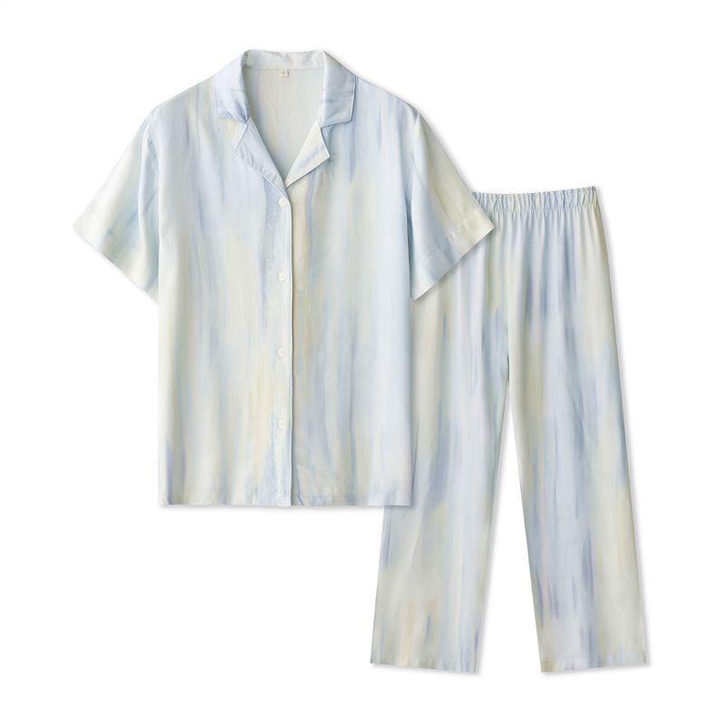 

Gradient Color Classy Print Rayon Satin Short Sleeve Pants Pajamas Suit Summer Cool Feeling Loose Cotton Silk Home Wear Light blue short-sleeved pants S
