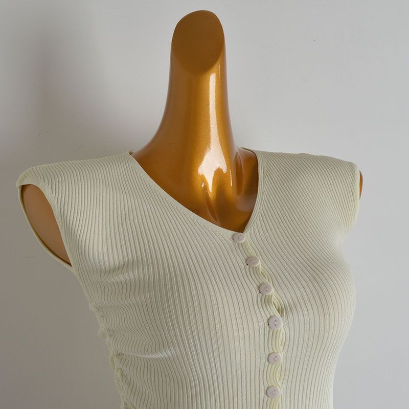 Summer Pure Color New Arrival V-neck Ruffled Sleeve Ice Silk Knitting Bottoming Cardigan Women's Clothing Fitted Waist Pleated T-shirt Tops Fashion