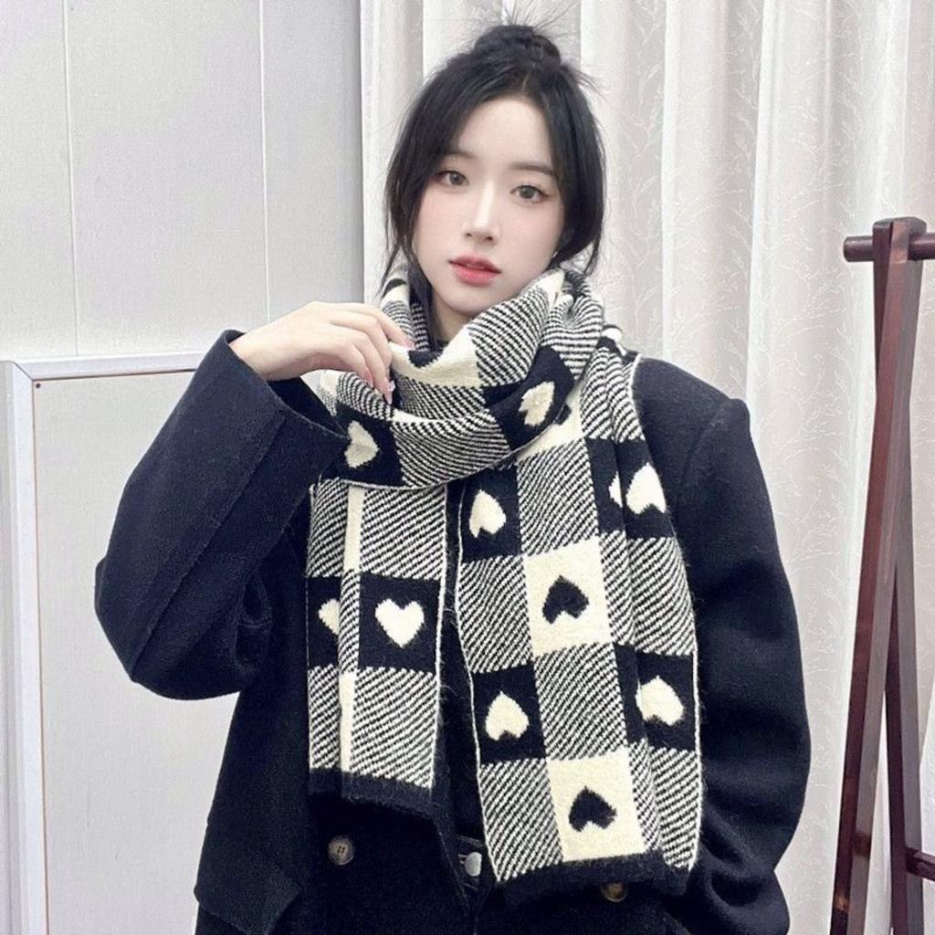 Women's Holiday Gift Winter Warm Cute Heart Checkered Print Scarf Shawl