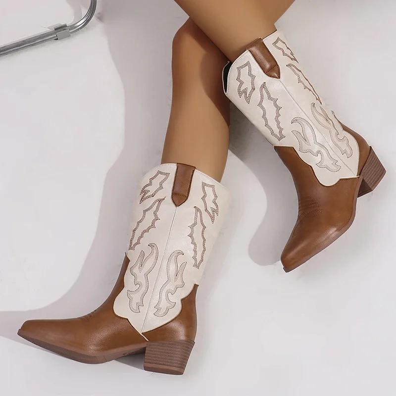 Embroidery Women Western Cowboy Boots Fashion Slip On Thick Heel Knight Long Booties Retro Style Autumn Winter Female Shoes