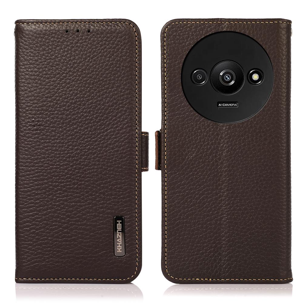 

KHAZNEH For Xiaomi Redmi A3/Poco C61 4G Magnetic Cell Phone Case Genuine Cow Leather RFID Blocking Cover Brown