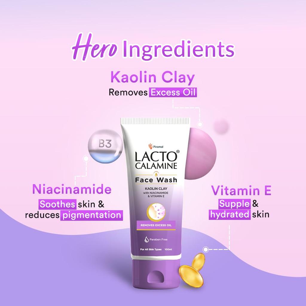 Lacto Calamine Face Wash For Oily Skin Kaolin Clay, Niacinamide & Vitamin E 100ml Pack Of 2 | Controls Oil, Pimples, Blackheads, Whiteheads