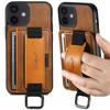SUTENI H13 For iPhone 12 mini 5.4 inch Card Holder Case with Hand Strap Kickstand Leather Coated PC+TPU Phone Cover