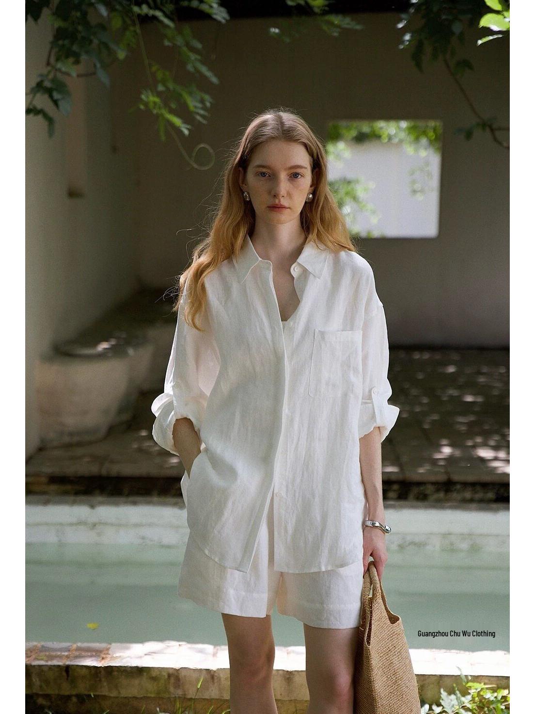 COUNTOME Комплект из льна: Свободная рубашка оверсайз и шорты - Расслабленный летний повседневный стиль Small