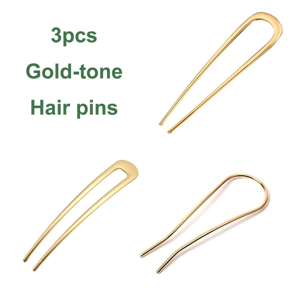 Simple Elegant U-Shaped Hairpin Gold Color French Hair Sticks Clips Long Thick Updo Bun Jewelry Accessories For Women Gift