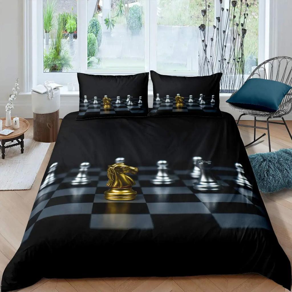 Chess Duvet Cover Set Chess Sports Games Bedding Sets Buffalo Plaid Check Comforter Cover Flowers Checkerboard Quilt Cover Queen