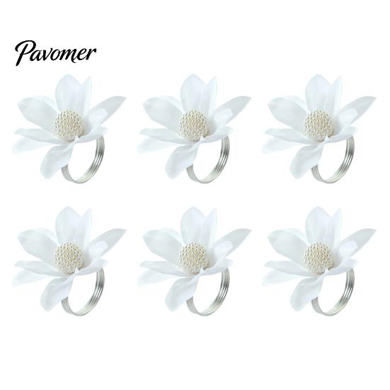 Wedding Napkin Rings 6Pcs White Lotus Rings, Chiffon Flower Metal Ring Holders, Faux Durable Pearl Dinner for Bridal Shower Table Decor Light