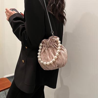 Women Summer Autumn New Crossbody Drawstring Bucket Bag New Korean Fashion Folded Personalized Handheld Pearl Beading Chain