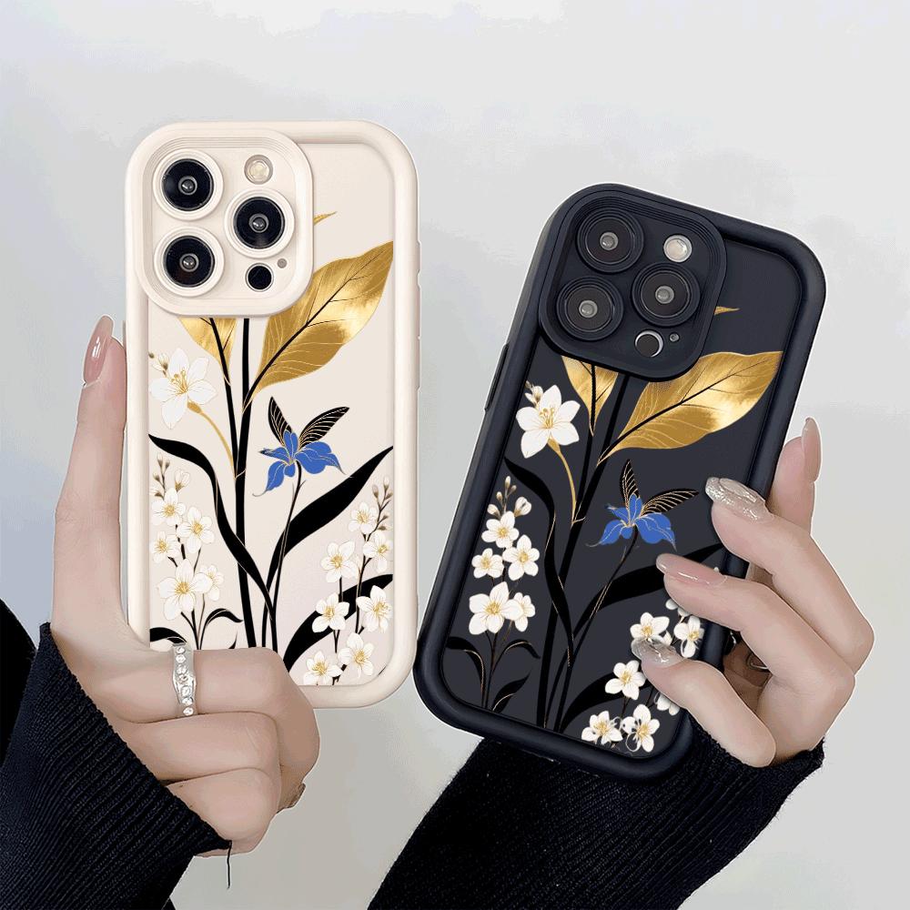 Goldblatt Florales Design Weiche TPU Handyhülle für iPhone 16 15 14 13 12 11 Pro Max Plus Stoßfest Anti-Rutsch Abdeckung