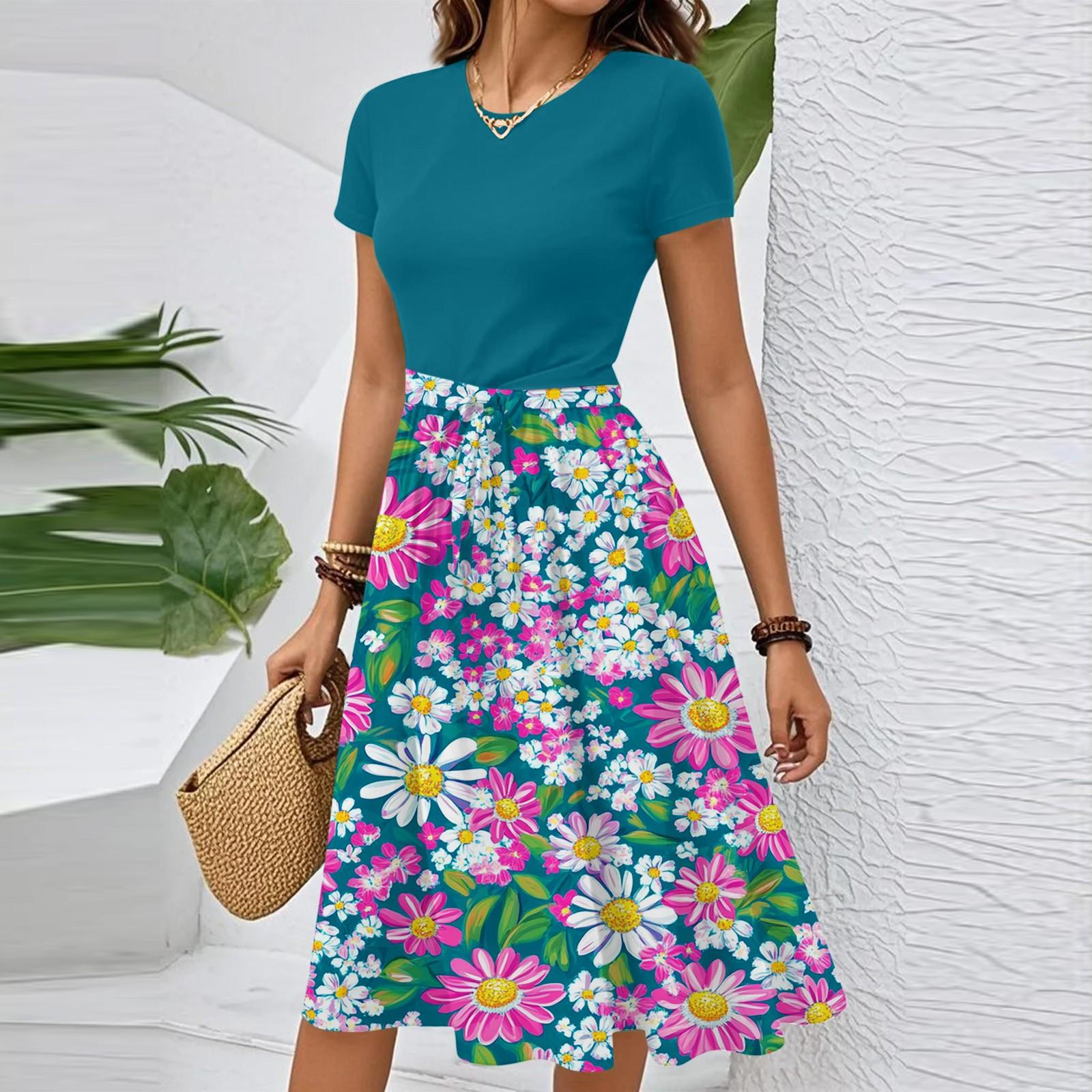 

Женское повседневное модное элегантное платье с поясом и цветочным принтом, коротким рукавом и круглым вырезом S