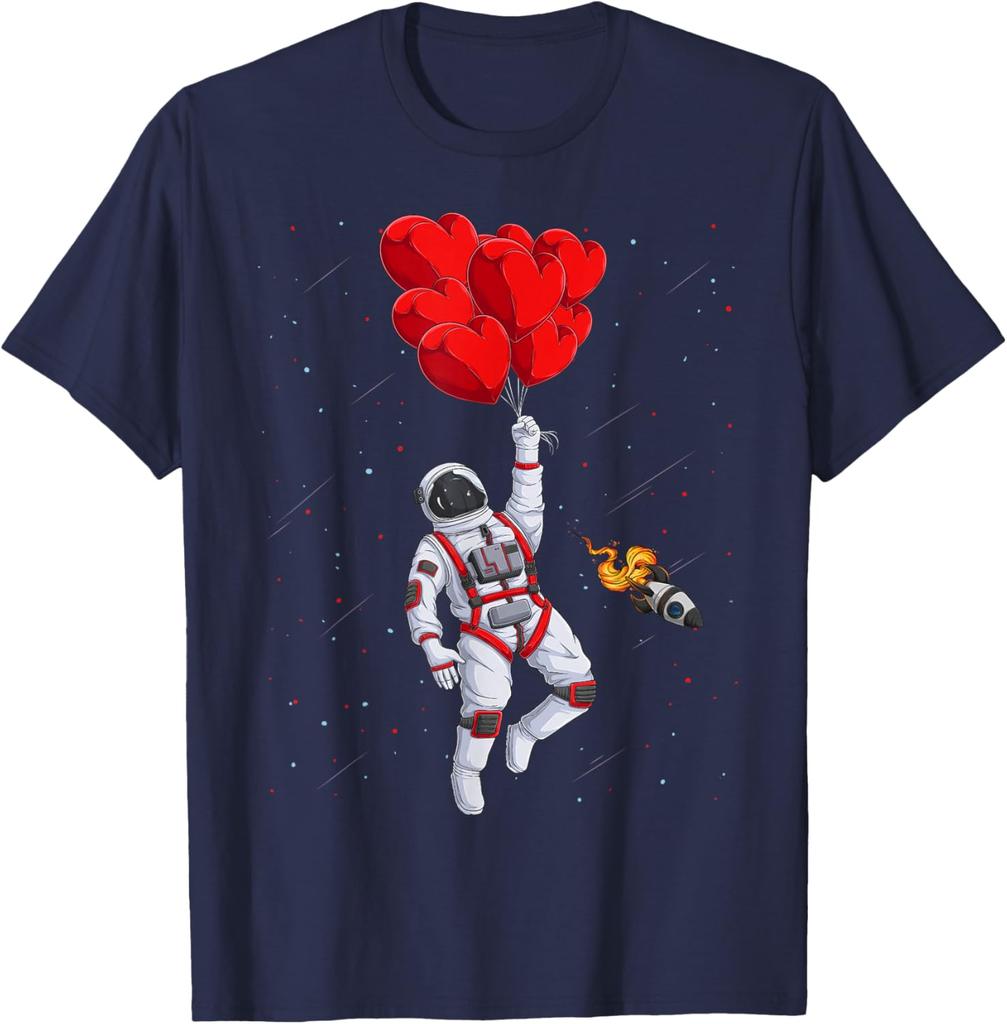 Romantic Astronaut Flying with Heart Balloons Space Graphic Tee Casual Cotton T-Shirt for Men