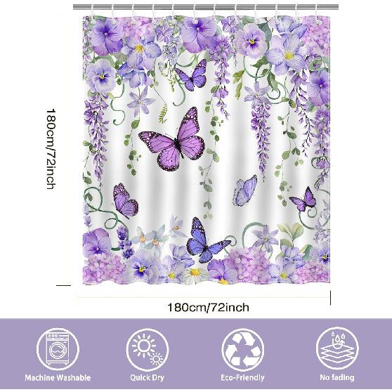 Mocsicka Purple Butterfly Shower Curtain Spring Purple Floral Butterfly Bathroom Shower Curtain Nature Garden Plant Waterproof Fabric Shower Curtain