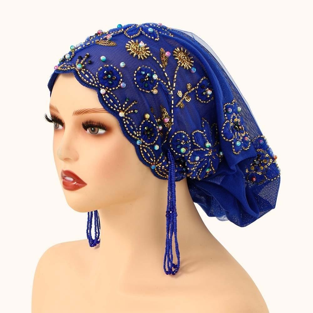 Shiny Beads Fishtail Cap Long Tassel Beaded Bonnet Mesh Turban Turban Hat Ethnic Festival Style 8