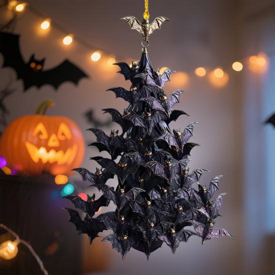 Bat Swarm Tree Ornament Black Bat Stack Hanging Decoration Gothic 2D Flat Acrylic Flying Bat Pendant for Yard Porch Halloween Home Decor