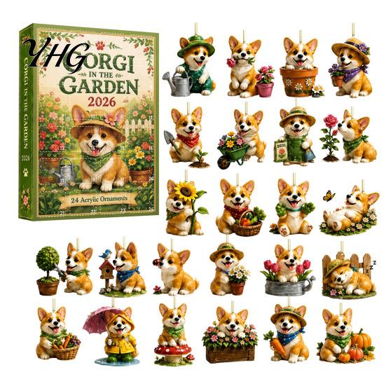 Reusable Holiday Pendant Cute Puppies Advent Calendar, 24 Days Christmas Countdown Calendar with 2D Tree Accessories Flat Acrylic Dog