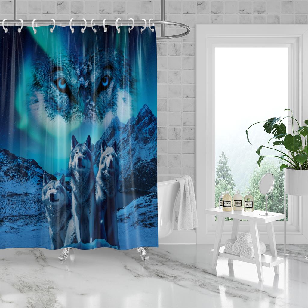 1Pc Glacier Wolf Print Waterproof Shower Curtain Bathe Partition Privacy Hanging Curtain 12 Hooks Multi Size Machine Washable
